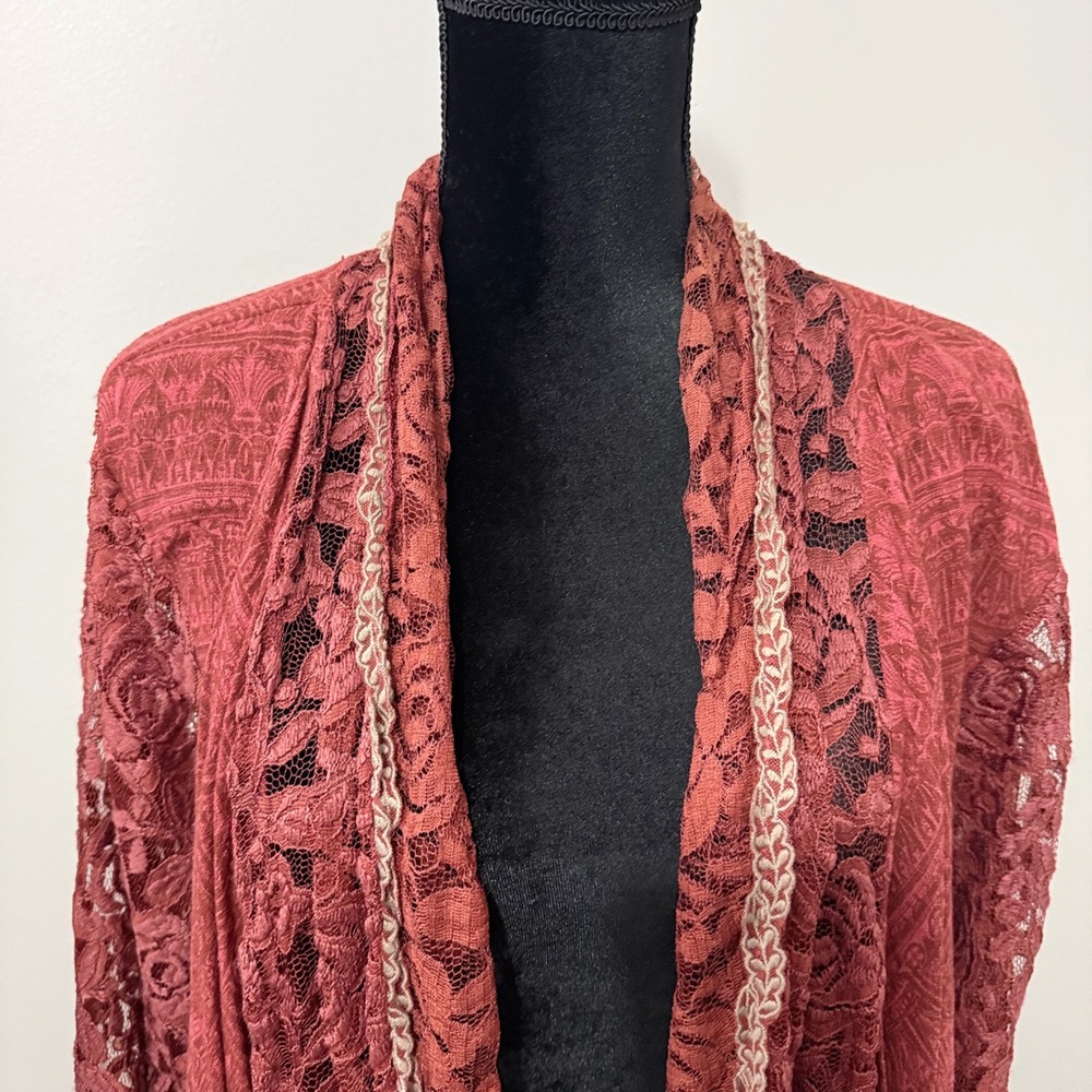 Pretty Angel Lace Fringe Cardigan Womens L/XL Rust Orange Boho Western Romantic - Picture 2 of 16